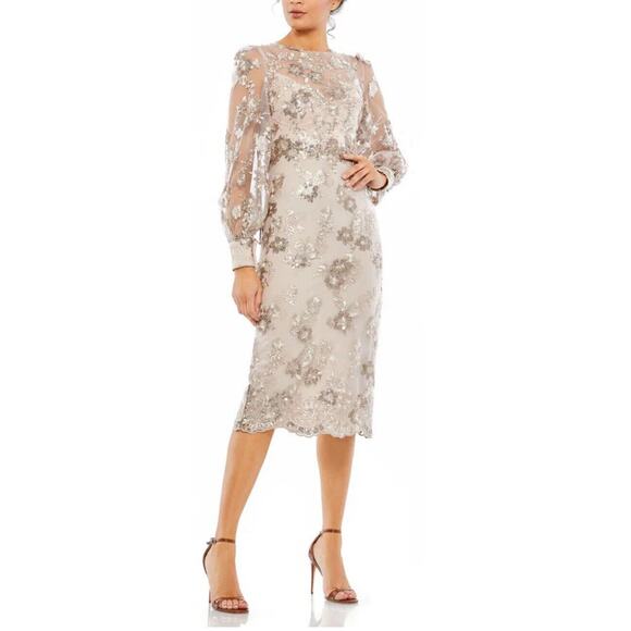 Mac Duggal Embellished‎ High Neck Illusion Long Sleeve Midi Dress Size 10 NWT - Picture 1 of 13